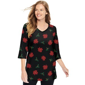 Woman Within Plus Size Perfect Printed Three-Quarter-Sleeve V-Neck Tunic - 1 of 4