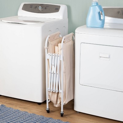 White Canvas Collapsible Triple Laundry Sorter with Wheels