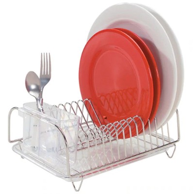 Compact Silver Metal Dish Drainer with Utensil Cup