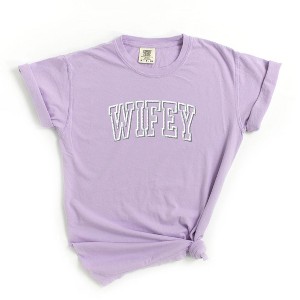 Simply Sage Market Women's Embroiderd Wifey Arched Varsity Short Sleeve Garment Dyed Tee - 1 of 3
