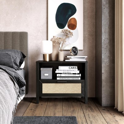 Black Oak and Faux Rattan 1-Drawer Nightstand with Steel Handle