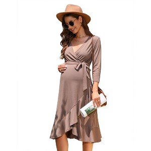 Women's Maternity Summer Bodycon Short Sleeve Mini Dress and Ruffle V-Neck 3/4 Sleeve Midi Dress - 1 of 4