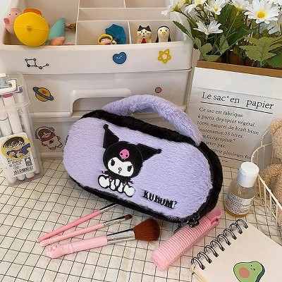 Paaaawaters Makeup Bag Cute Fluffy Kuromi Embroidered Oval Handheld Zipper Closure Lavender