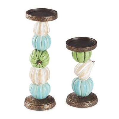 Lakeside Pumpkin Candle Holders, Pillared Table Decoration for Fall - Set of 2