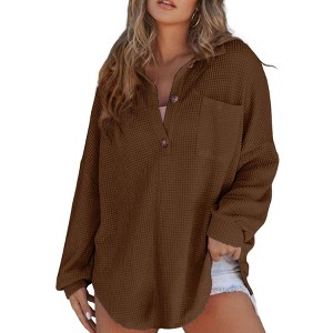 Coolmee Women Waffle Knit Tops Loose Henley Shirts Long Sleeve Button V Neck Casual Tunic Top - 1 of 4