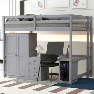 Full Size Loft Bed with Wardrobe, Desk and Storage Drawers, Gray - 1 of 3
