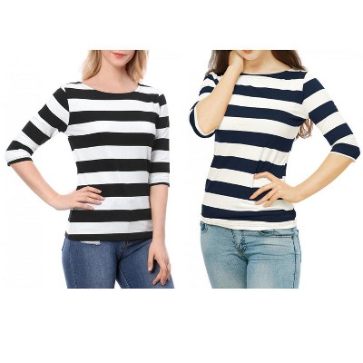 Allegra K Women's Casual Basic Elbow Sleeves Boat Neck Slim Fit T-Shirts 2 Packs