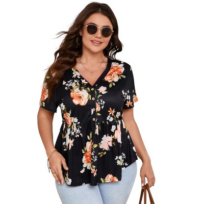 Whizmax Women Plus Size Henley Shirts V Neck Button Tunic Tops Casual Short Sleeve Swing Flowy Tunic