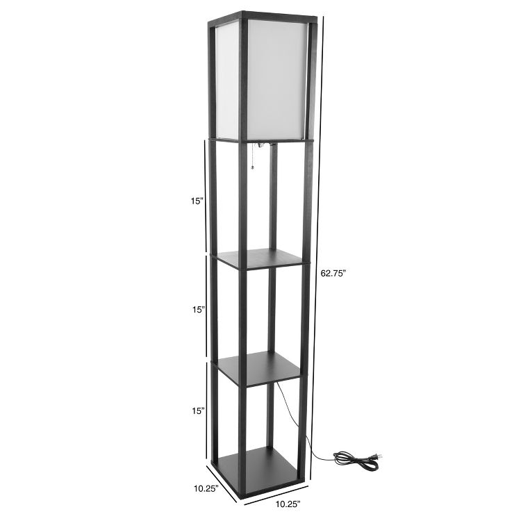 Tall black colored floor lamp with a white shade and three shelves, measuring 62.75 inches in height and 10.25 inches in width.