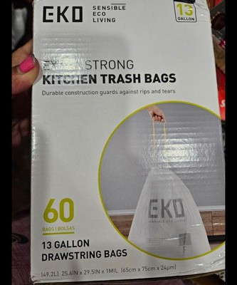  EKO Easy-Dispense Roll of 60 Count Extra-Strong Drawstring  Kitchen Trash Bags - 13 Gallon Garbage Bags (40L-60L) 60 pack, Code F :  Health & Household