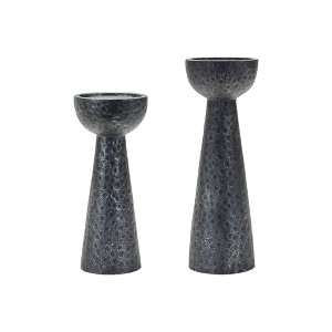 HomeRoots Set of Two Black Distressed Hammered Polyresin Tabletop Pillar Candle Holders - 1 of 4