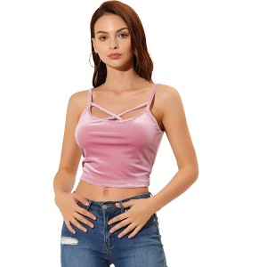 Allegra K Women's Spaghetti Strap Velvet Crop Cami Tank Top - 1 of 4