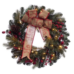 Puleo 30in Pre-Lit Decorated Wreath: 70 Clear Incandescent Lights, Indoor/Outdoor, Artificial Pine - 1 of 3