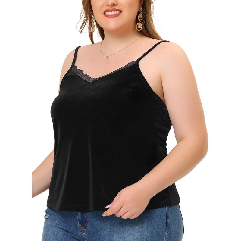 Agnes Orinda Women's Plus Size Tops V Neck Velvet Lace Trim Cami Tank Tops, 2 of 6