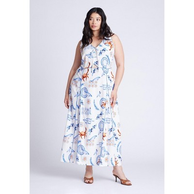 ELOQUII Women's Plus Size Roping Detail Printed Maxi Dress