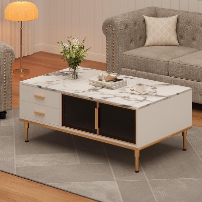 Coucheta Black Fluted Buffet Cabinet with 2 Drawers & Glass Doors - Adjustable Gold Metal Legs For Small Spaces - Modern Sideboard(white)