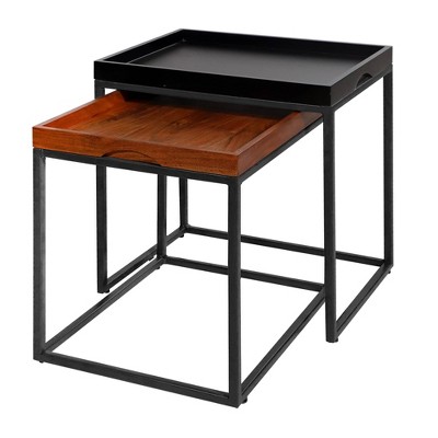 2pc Wooden Tray Top Nesting Table Set with Metal Frame Brown/Black - The Urban Port