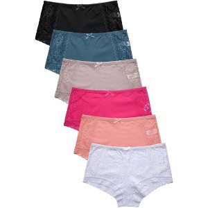 PACK OF 6 MAMIA WOMEN'S COTTON BLEND FLORAL SIDE LACE TRIM SOLID BOYSHORTS (LP1568CB) - 1 of 3