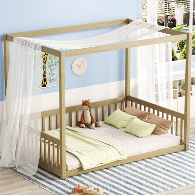 Okak Twin/Full Size Bed Frame with Canopy-Style Top & Guardrails,Modern Floor Bed for Toddlers/Kids Bedroom