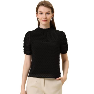 Allegra K Women's Elegant Swiss Dots Puff Short Sleeves Stand Collar Chiffon Blouse - 1 of 4