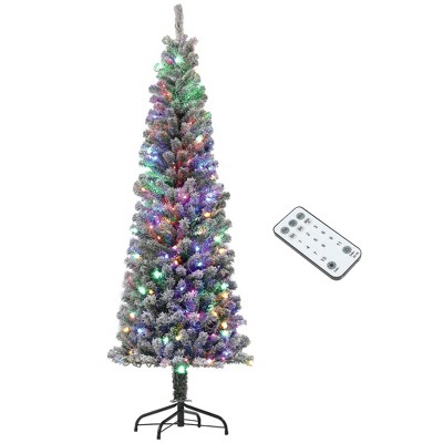 HOMCOM 6 ft Pre-Lit Pencil Christmas Tree, Artificial Flocked Xmas Tree with 170 Dual Color LED Lights, 429 Tips and Metal Stand, Green