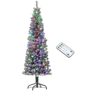 HOMCOM 6 ft Pre-Lit Pencil Christmas Tree, Artificial Flocked Xmas Tree with 170 Dual Color LED Lights, 429 Tips and Metal Stand, Green - 1 of 4