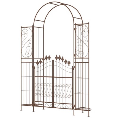 Brown Metal Garden Arbor with Fleur De Lis Motif and Gate