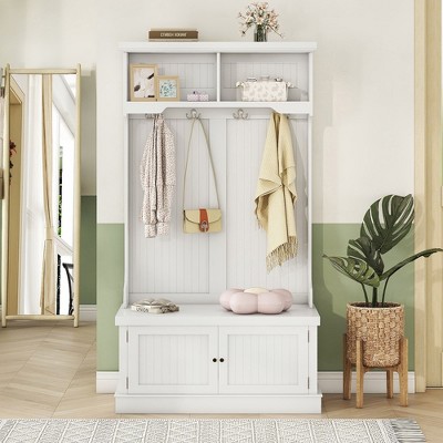 64.4"Hall Tree with Storage Shoe Bench for Entryway and Hallway, 4-in-1 Design Coat Rack,White