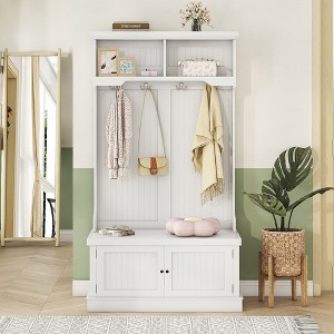 64.4"Hall Tree with Storage Shoe Bench for Entryway and Hallway, 4-in-1 Design Coat Rack,White - 1 of 4