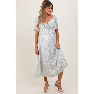 Pinkblush Blue Floral Front Tie Maternity Midi Dress - 1 of 4