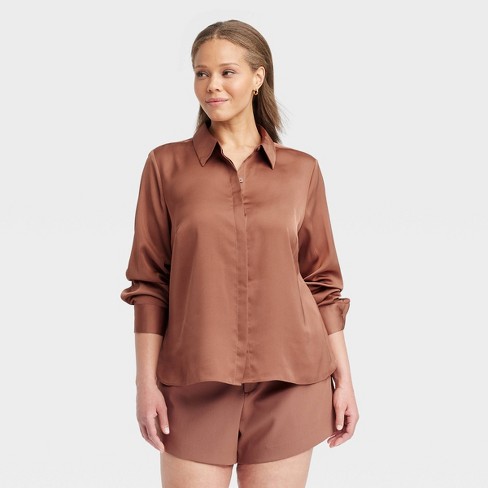 Women's Slim Fit Long Sleeve Satin Button-down Shirt - A New Day™ Brown 4x  : Target