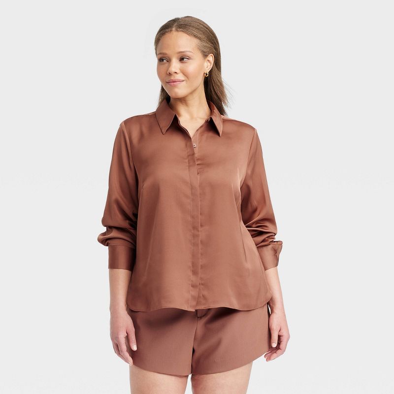 Women's Slim Fit Long Sleeve Satin Button-Down Shirt - A New Day™, 1 of 9