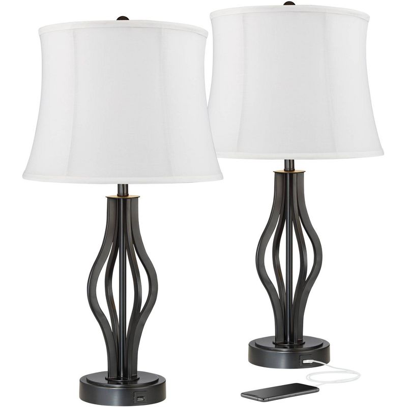 360 Lighting Heather Modern Industrial Table Lamps 25 3/4" High Set of 2 Dark Iron with USB Charging Port White Softback Drum Shade for Bedroom Desk, 1 of 7