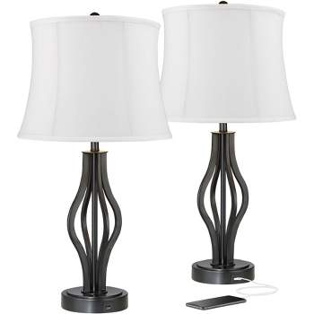 360 Lighting Heather Modern Industrial Table Lamps 25 3/4" High Set of 2 Dark Iron with USB Charging Port White Softback Drum Shade for Bedroom Desk