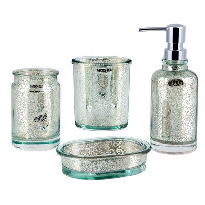 4pc Athena Lotion Pump/Toothbrush Holder/Tumbler/Soap Dish Set Blue/Silver - Allure Home Creations
