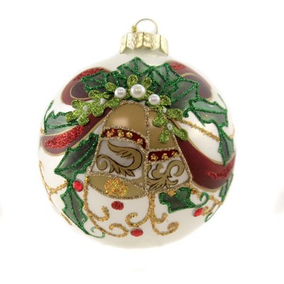 Holiday Ornament 4.25" Poinsettia Bell Ball Christmas Holly  -  Tree Ornaments