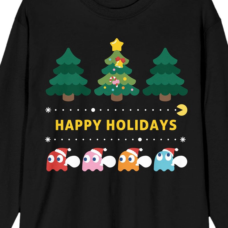 Pac-Man Happy Holidays Crew Neck Long Sleeve Black Adult Tee-Small, 3 of 5