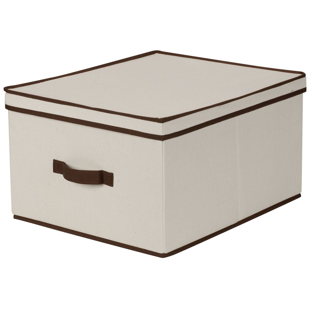 Household Essentials Jumbo Canvas Cube Storage Box Natural with Coffee Trim: Decorative Storage Box, Multicolor, 19"x16"x10"