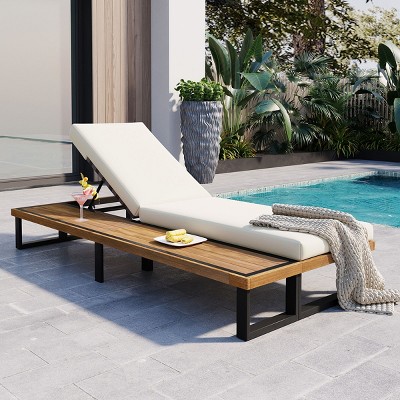 Outdoor Chaise Lounge Chair,Patio Adjustable Recliner With Cushion And Wood Side Table,Patio Recliner For Poolside,Garden-Cuddlewood