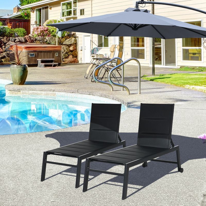 Outsunny Chaise Lounge Outdoor Pool Chair Set of 2 with Wheels, Five Position Recliner for Sunbathing, Suntanning, Breathable Fabric, Black, 2 of 7