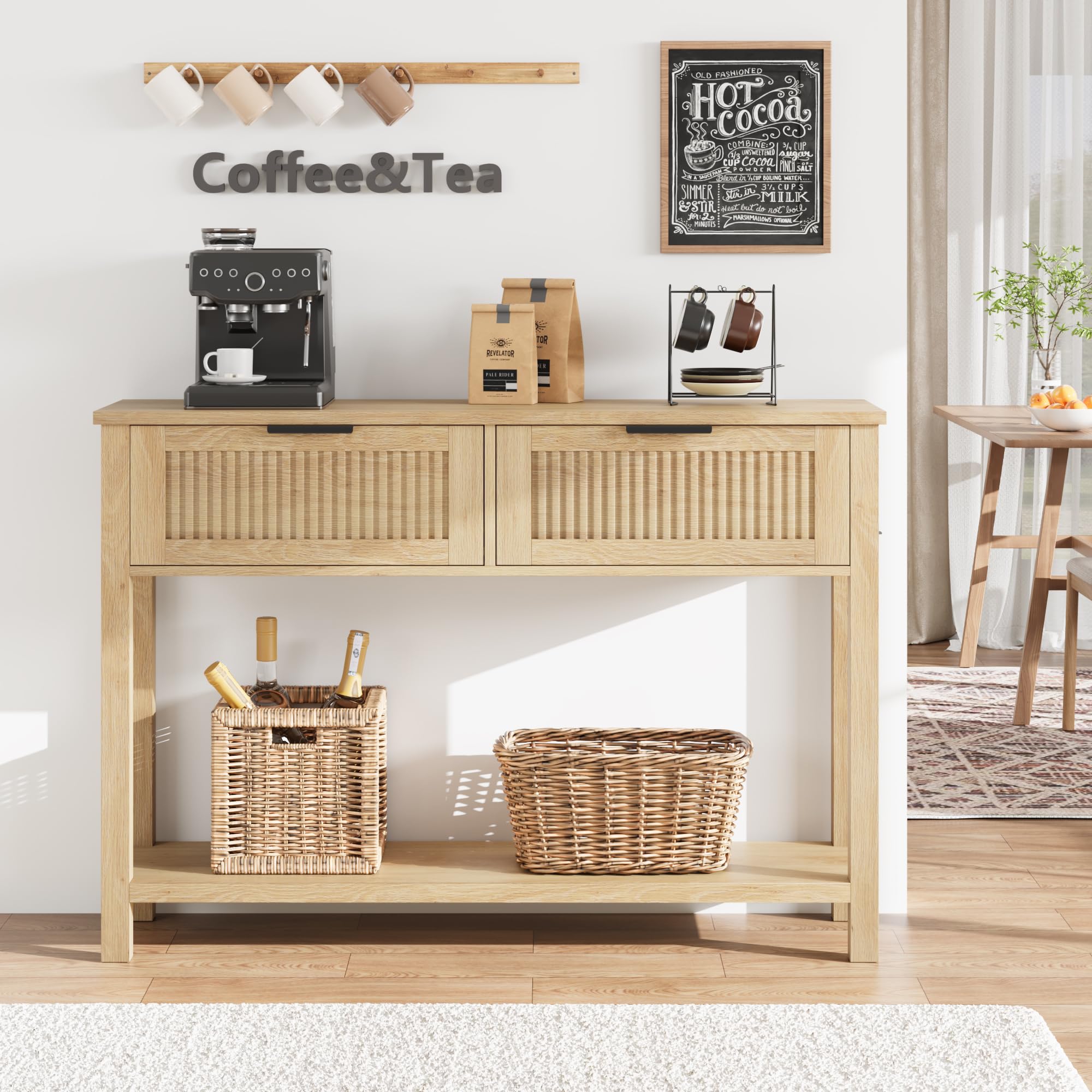 GustoWave Fluted Entryway Table with 2 Drawers, Console Table for Entryway, Wooden Sofa Table for Living Room, Foyer, Hallway, Brown
