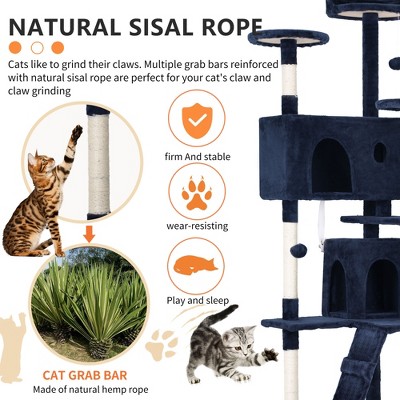 70in Navy Blue Multi-Level Cat Tree Tower with Sisal Posts