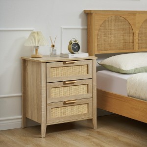 Rattan Nightstand, Nightstand with 3 Natural Rattan Drawers, Bedside Table with Sturdy Wood Legs, Modern Side Table with Storage Drawers - 1 of 4