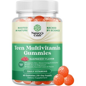 Sugar Free Gummy Multivitamins for Teen Girls & Boys - Teen Vitamins Ages 12-17 for Enhanced Immunity Energy & Skin, Raspberry, Nature's Craft, 60ct - 1 of 4