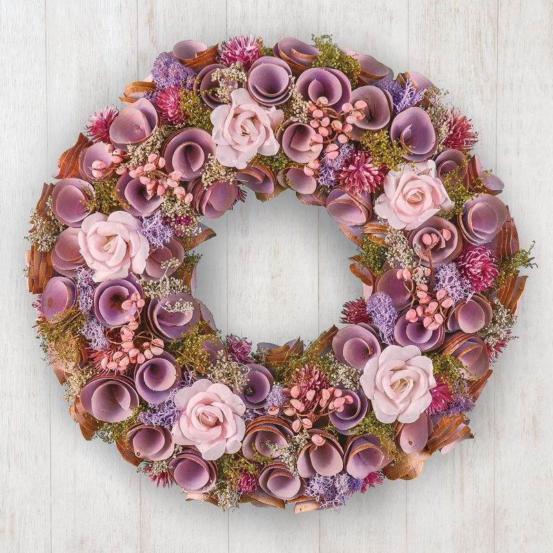 Collections Etc Wooden Pink Rose and Purple Flowers Hanging Wreath, 2 of 4