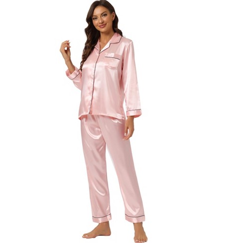 Allegra K Women's Satin Button Down Sleepshirt with Pants Halloween Pajama  Set Light Pink Large