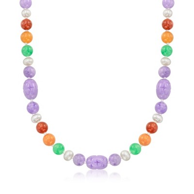 Ross-Simons Multicolored Jade and 6-6.5mm Cultured Pearl Necklace With 14kt Yellow Gold Size 18
