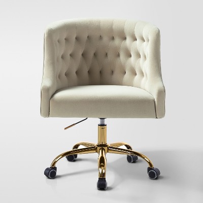 Anika Velvet Height-adjustable Swivel Task Office Chair with Button-tufted Back and Gold Base | Karat Home