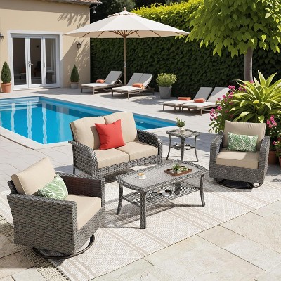XIZZI Outdoor Wicker Sofa Set with Optional Swivel Chairs, 3.5" Cushions 5 Colors (Gray, Black, Navy, etc.), All-Weather Rattan, Modular 2-7 Pieces