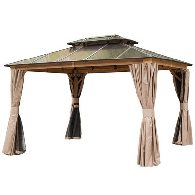 Gloweer Outdoor Hardtop Aluminum Gazebo Permanent with Polycarbonate Double Roof, with Curtain and Net